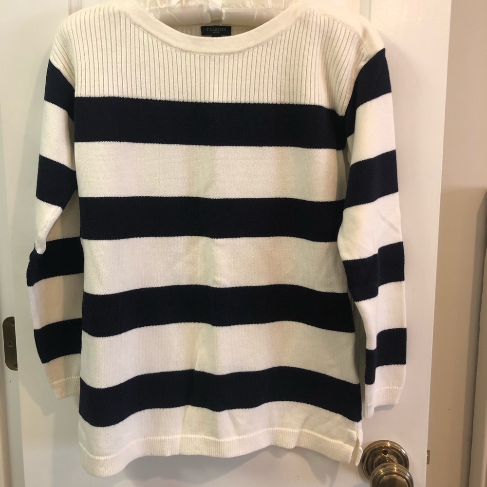 Talbots navy and white stripe boatneck sweater